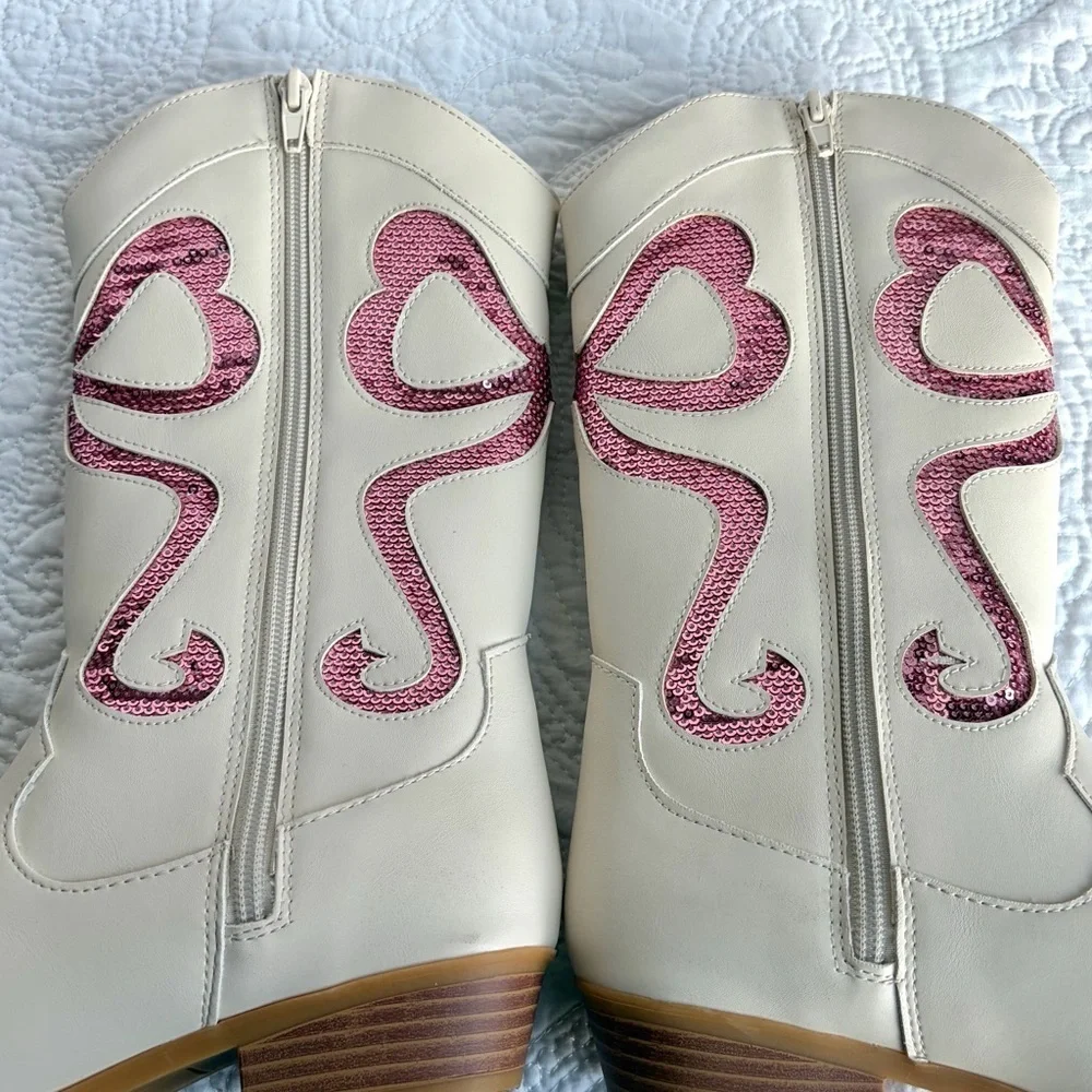 Cupcakes & Cashmere Kids Baysie Cream Cowboy Boots Pink Sequin Hearts Size 5